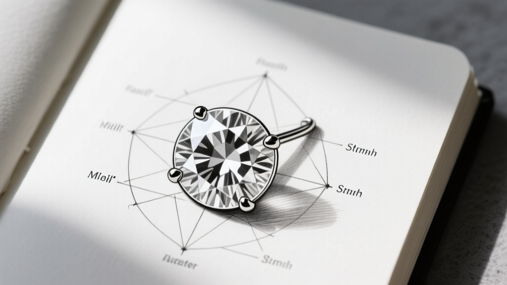 Sketchbook close-up of facet mapping for a round diamond stud earring with precise graphite shading and small millimeter text labels