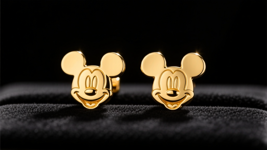 Solid 14k yellow gold Mickey Mouse silhouette stud earrings resting on black velvet under warm studio lighting, macro photography