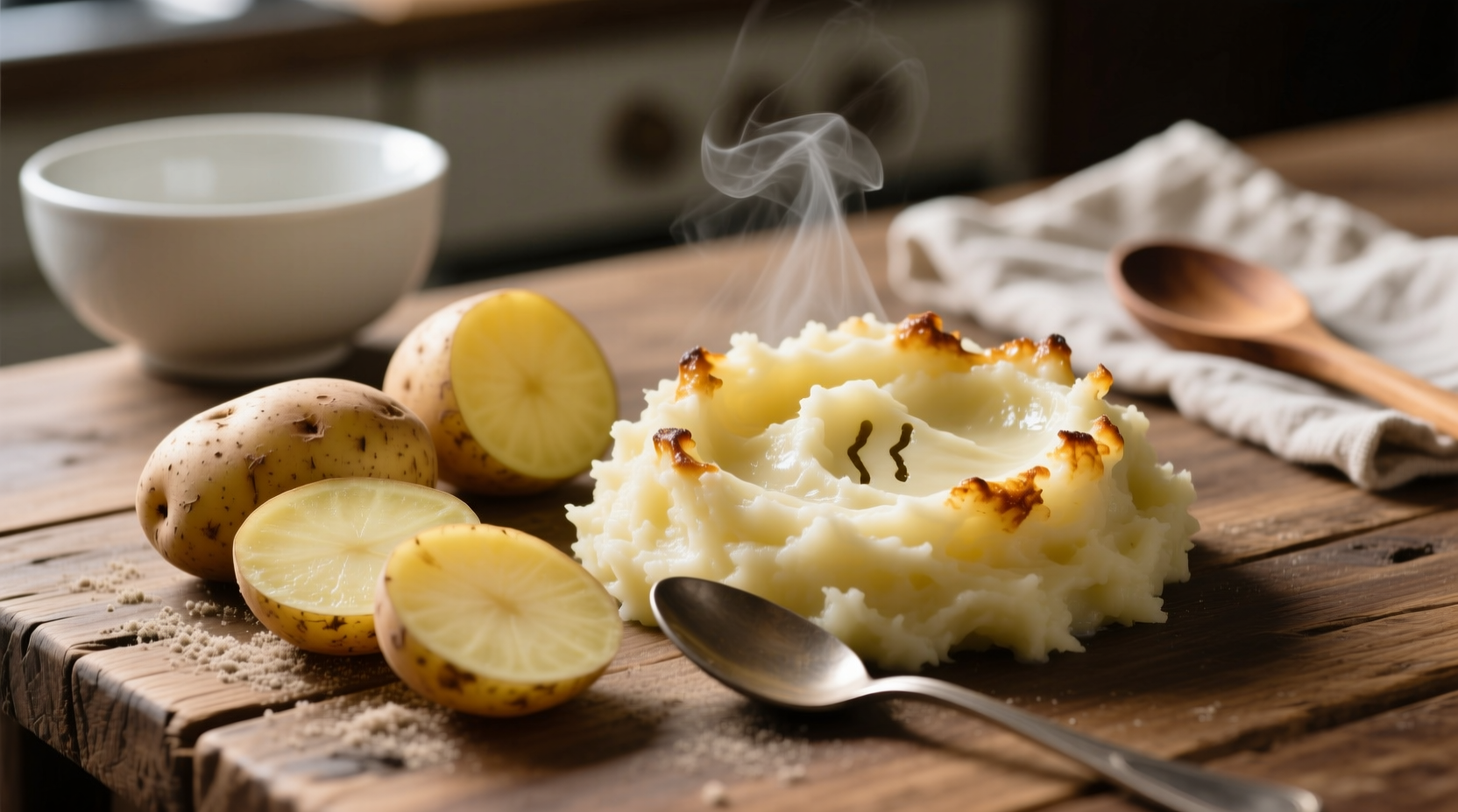 Raw potato slices next to cooked mashed potatoes