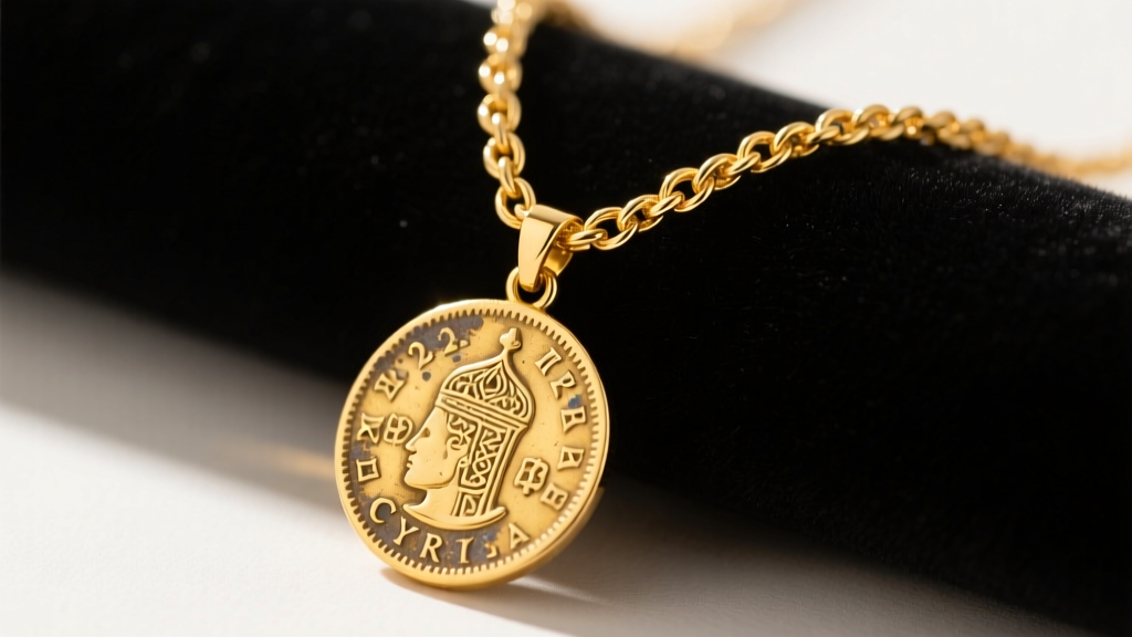 Close-up of a 22k yellow gold Turkish necklace with a traditional Ceyrek coin pendant and woven chain links on dark velvet.