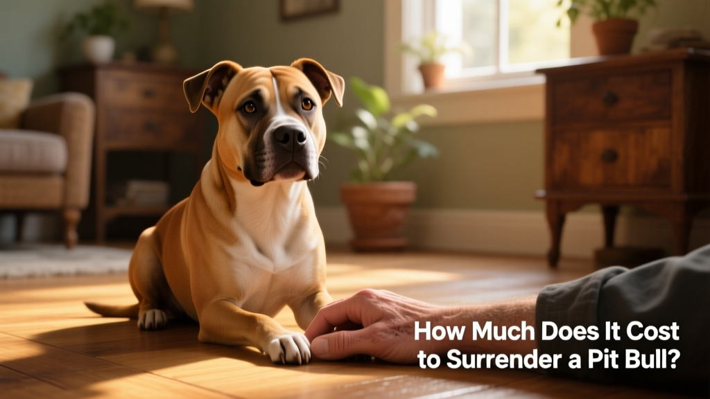 A calm, well-groomed Pit Bull sitting beside a person's hand, conveying trust and affection