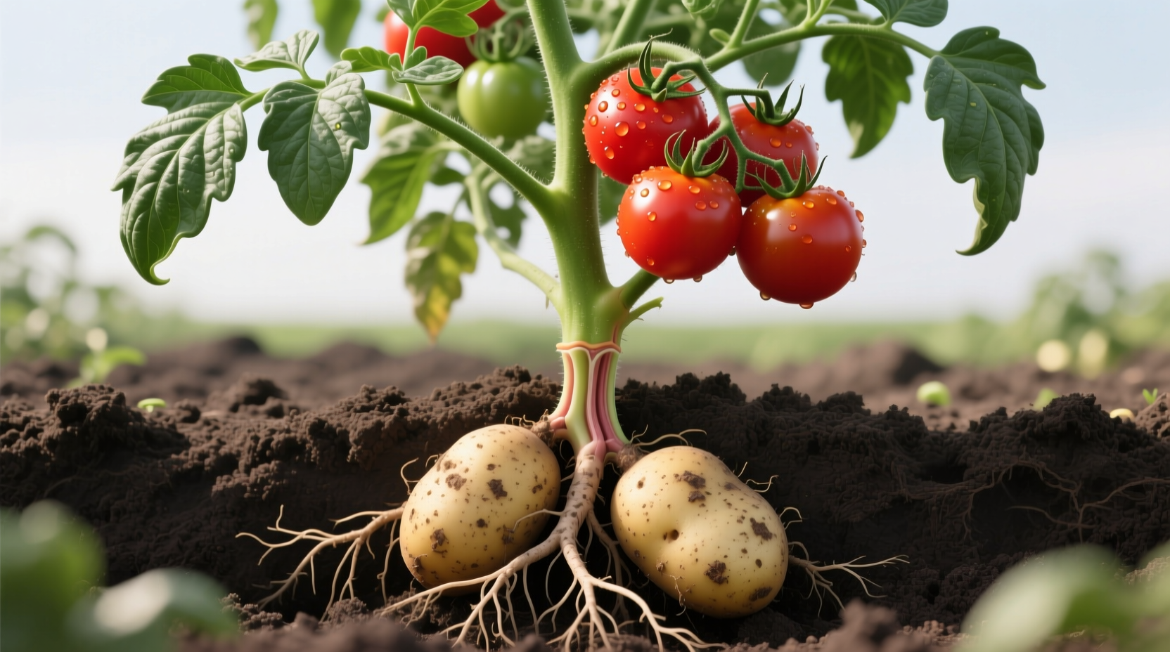 Tomato and potato grafted plant showing tomatoes above soil and potatoes below