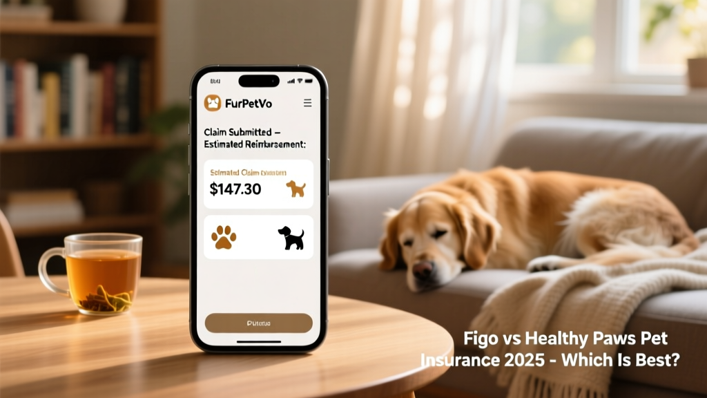 Smartphone screen showing the FurPetVo app interface with a submitted claim status and estimated reimbursement amount