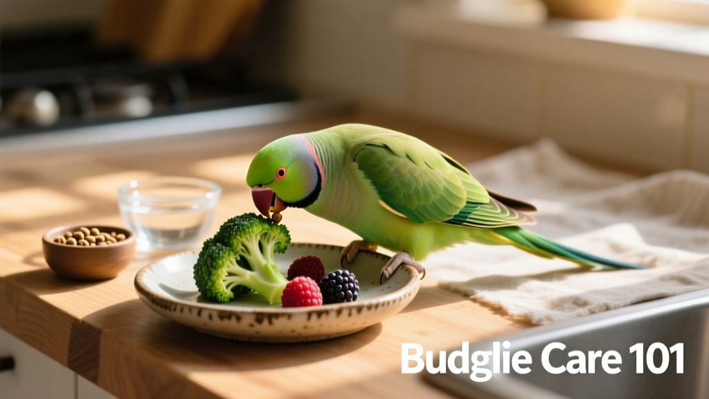 A parakeet eating fresh broccoli and berries from a ceramic dish beside a pellet bowl and water dish