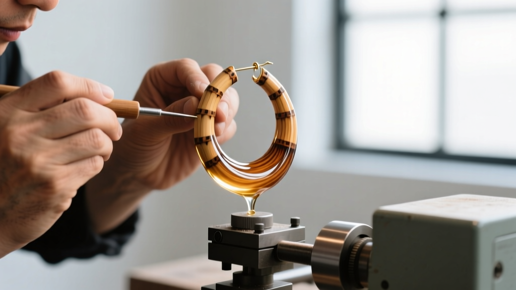 Artisan applying a cyanoacrylate finish to a bamboo hoop earring on a lathe, revealing a high-gloss protective moisture barrier.