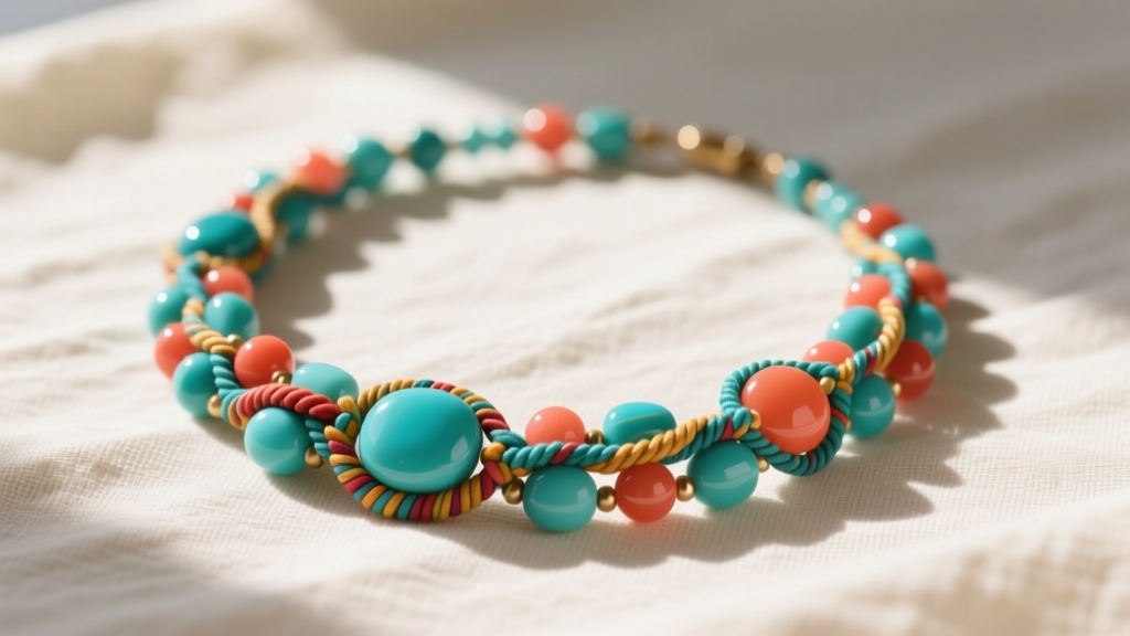 Flat lay of a vibrant multicolor beaded necklace with turquoise and coral stones on cream linen cloth in gentle natural sunlight