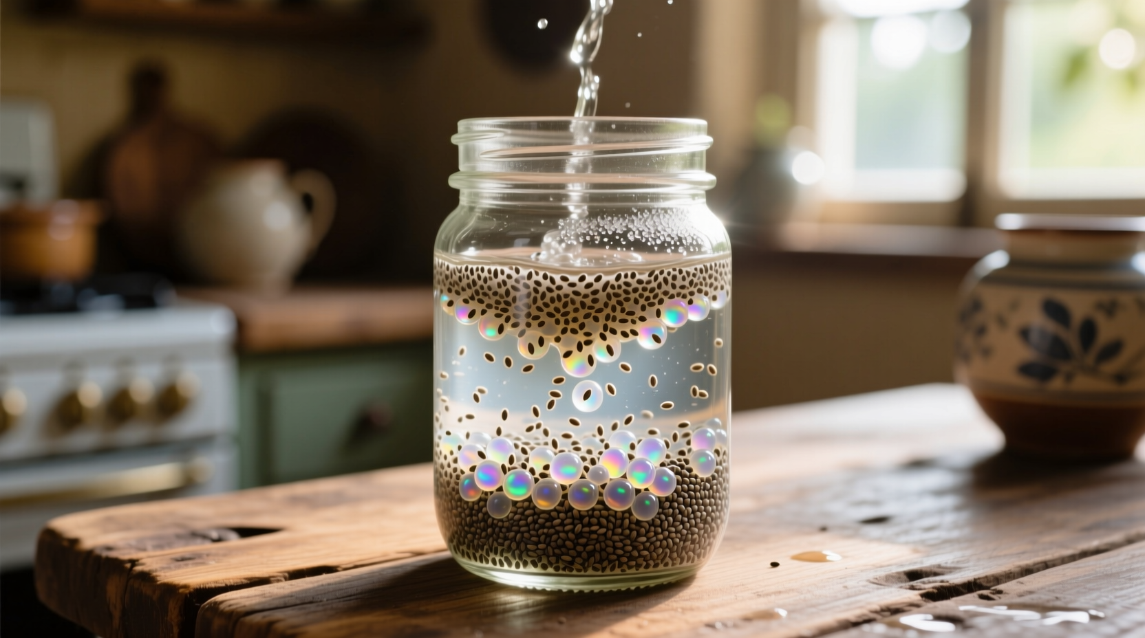 Chia seeds soaking in mason jar