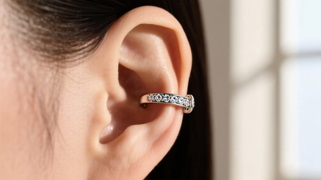 Macro photography of a delicate 18-gauge diamond ear cuff wrapping around upper cartilage, highlighting the tension-fit mechanism.