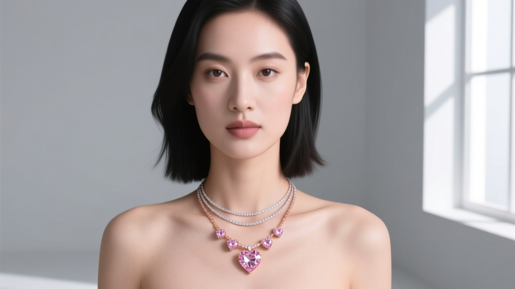 Model wearing a rose gold pink diamond heart necklace layered with a thin platinum chain against a soft neutral gray studio wall