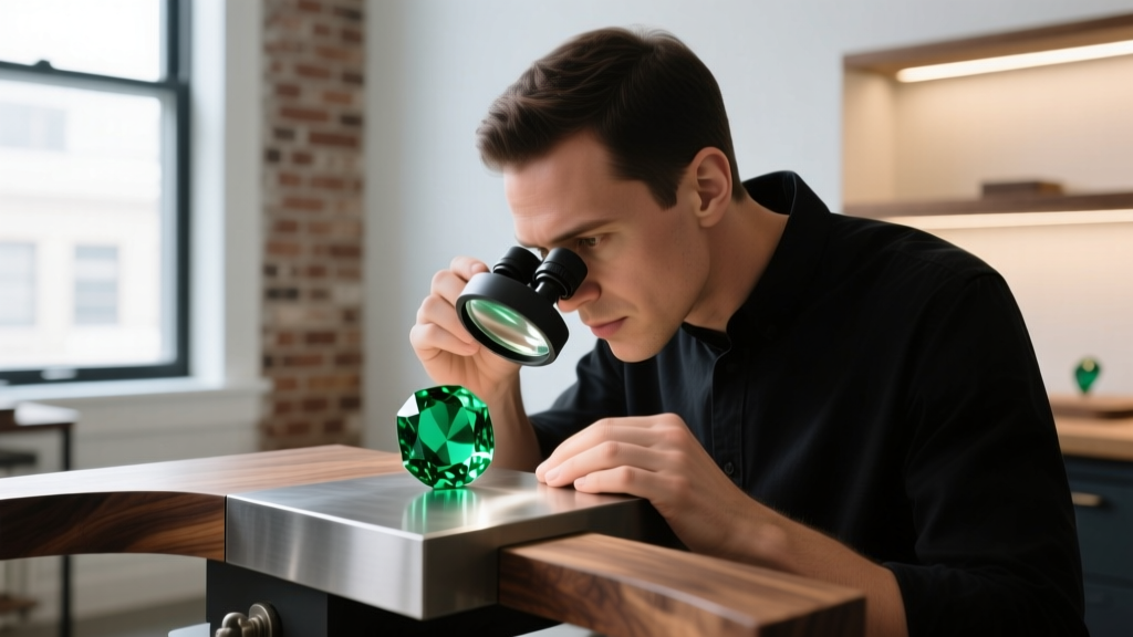Jeweler using a 10x loupe to inspect clarity and oil treatments of a loose emerald gemstone at a custom workbench in Cleveland