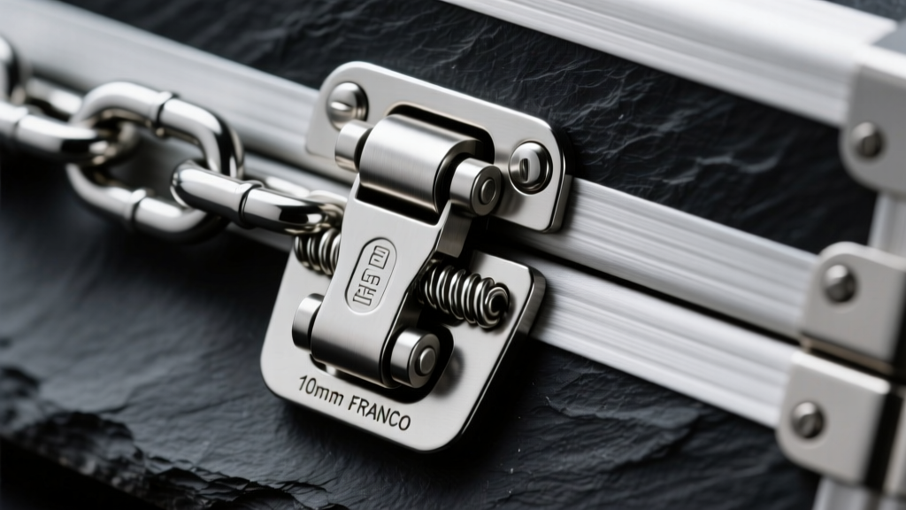 Detailed view of a reinforced box clasp with dual safety latches on a thick 10mm Franco chain, photographed against a dark slate