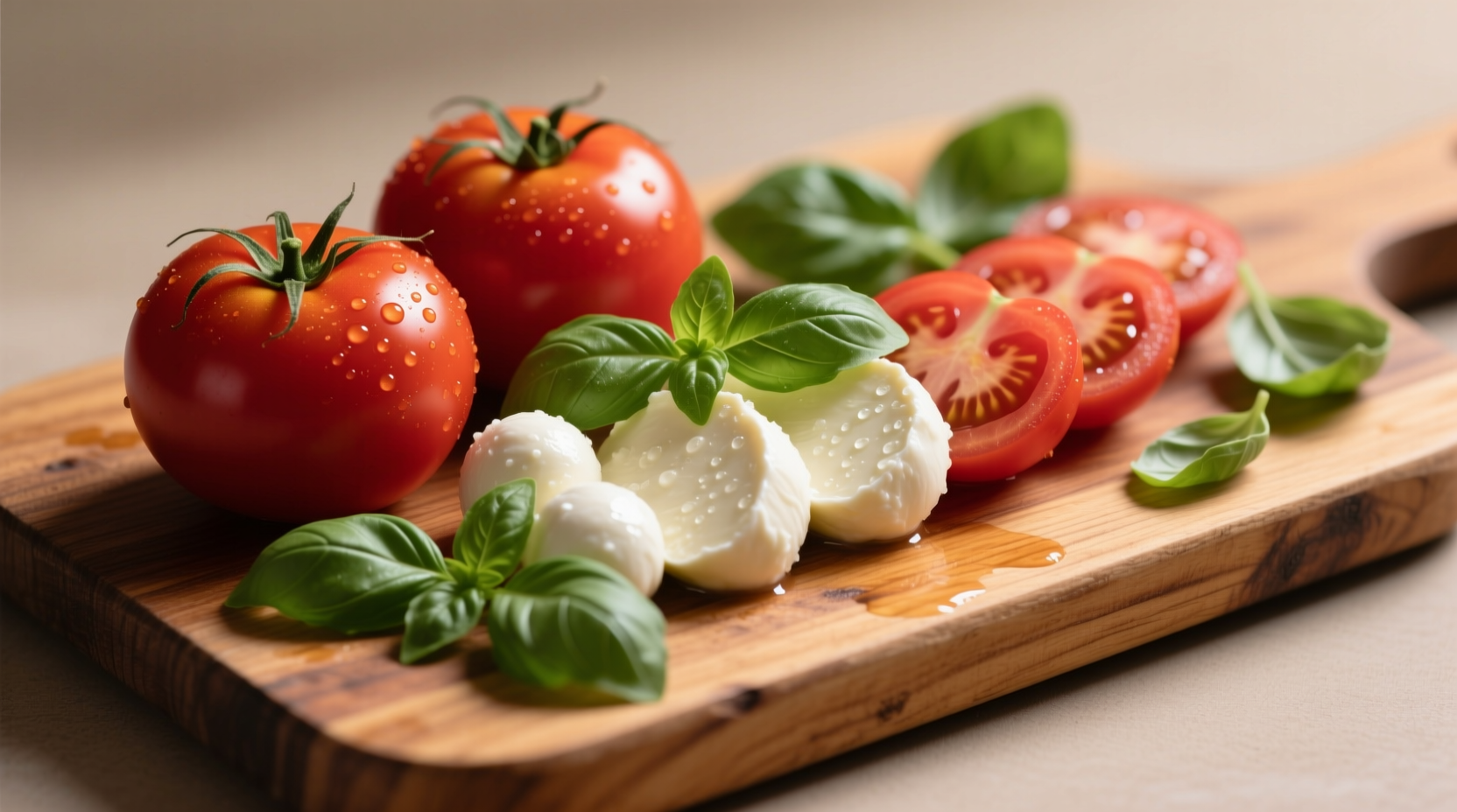 Fresh tomato mozzarella basil arranged on wooden board