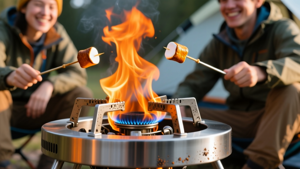 Close-up of a portable steel propane fire pit emitting bright orange flames while campers roast marshmallows on sticks in the background
