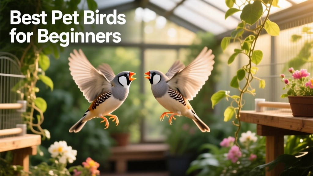 Two zebra finches flying playfully inside a spacious, well-planted aviary