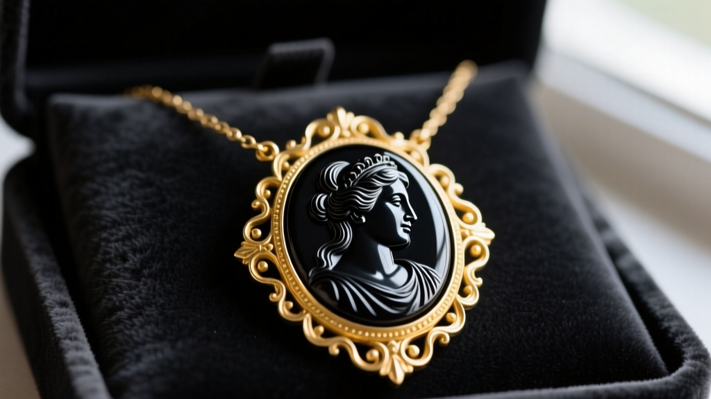Close-up of a Victorian-era black onyx cameo necklace set in ornate 14k yellow gold, resting on a dark velvet jewelry display pad.
