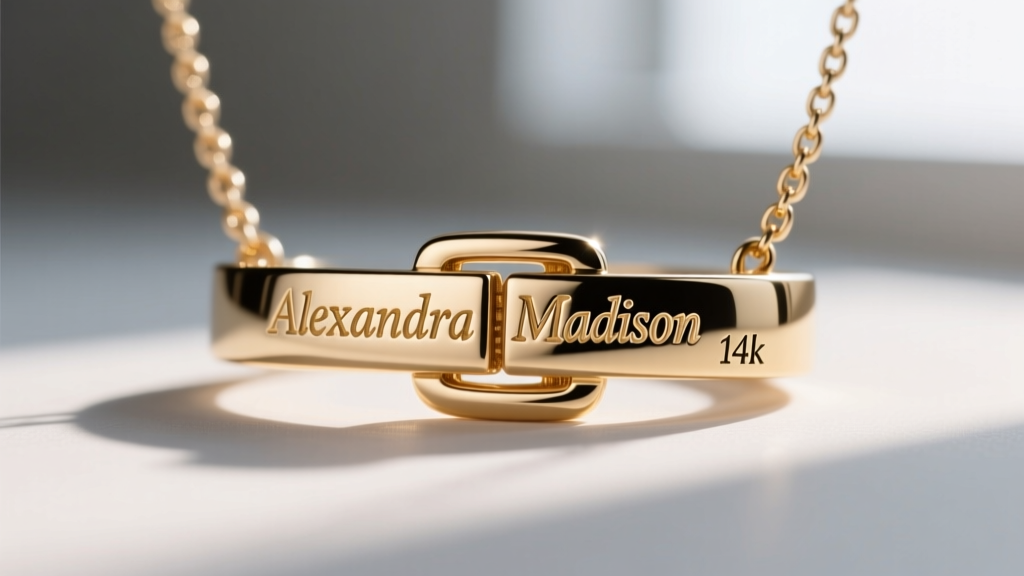 Macro shot of an Alexandra Madison name necklace clasp, showing vermeil plating and a tiny laser-engraved 14k gold hallmark.