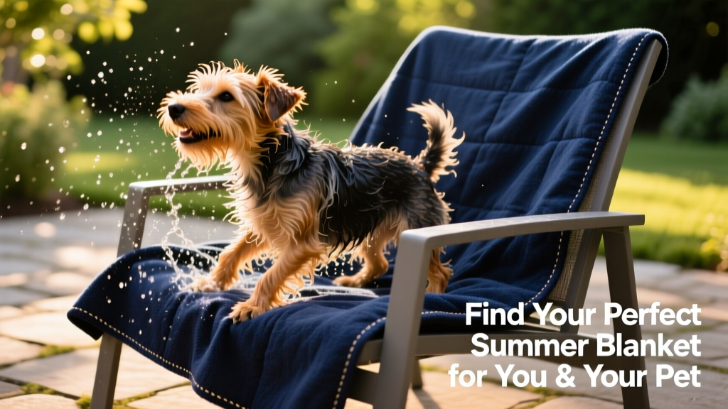 A wet terrier shaking off water onto a dark blue waterproof blanket laid across a patio chair
