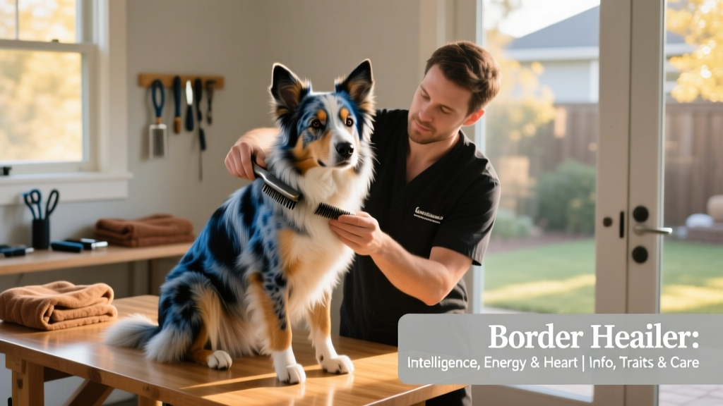 A groomer gently brushing a Border Heeler’s coat while the dog sits calmly on a grooming table
