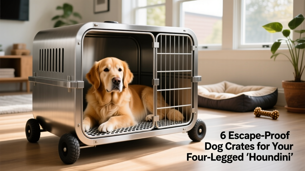 A calm, confident dog resting inside a sturdy steel dog crate with wheels and a grated floor