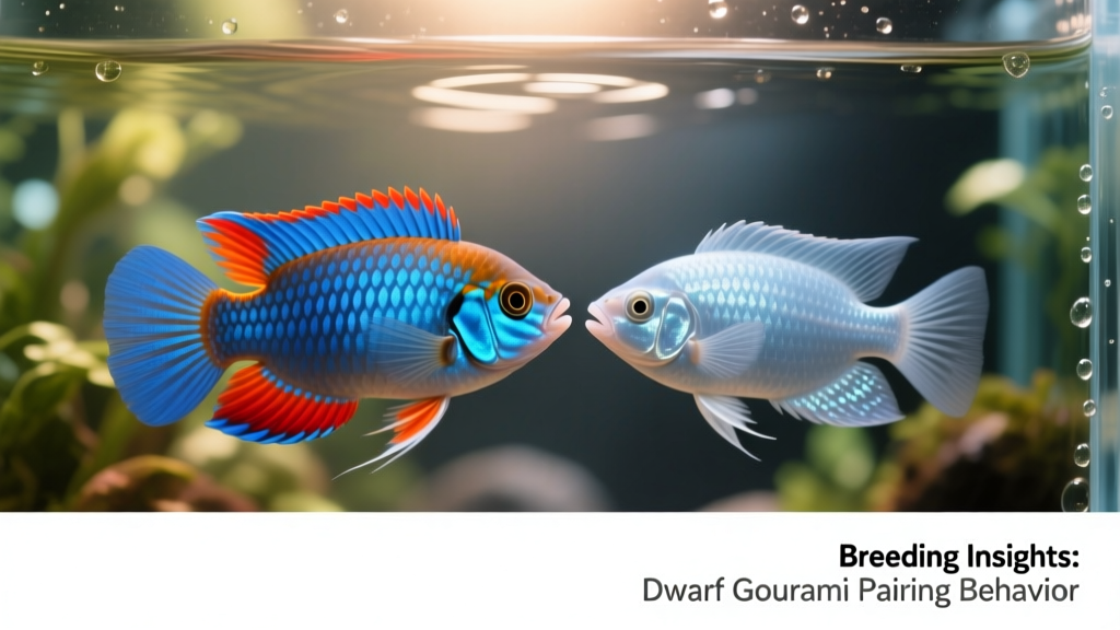 Side-by-side comparison of a vivid blue-and-red male dwarf gourami and a pale, silvery-blue female