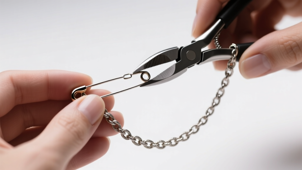 Jeweler hands using flush cutters and chain-nose pliers to attach a 16-gauge steel safety pin to a delicate cable chain necklace.