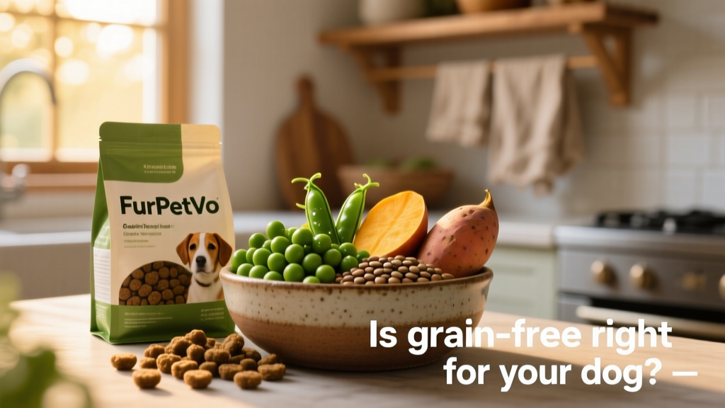 Close-up of kibble labeled FurPetVo grain-free dog food next to a bowl of fresh vegetables like peas, sweet potatoes, and lentils