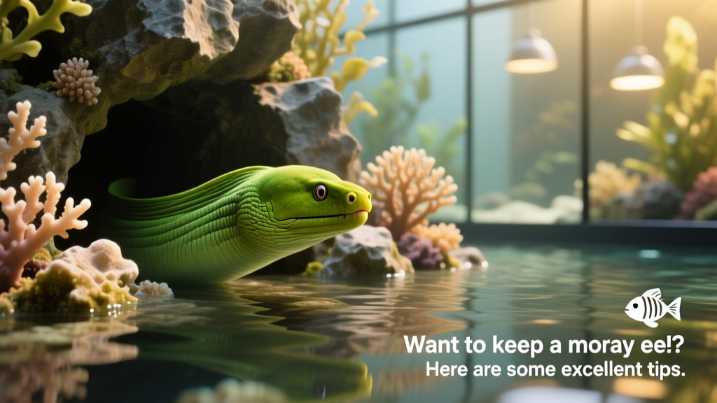 A vibrant green moray eel peeking from a rocky crevice in a well-maintained saltwater aquarium