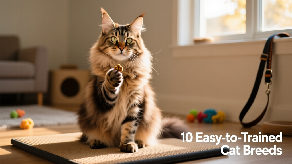 A large, fluffy Maine Coon sitting upright beside a training mat with a treat in paw, looking alert and friendly