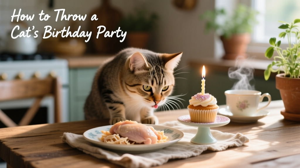 A cat sniffing a small plate of shredded chicken next to a tiny cupcake with a candle
