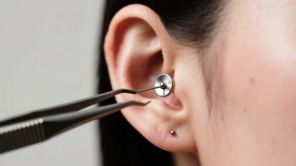 Piercer using sterile forceps to insert an implant-grade titanium flatback labret into a freshly pierced upper ear helix