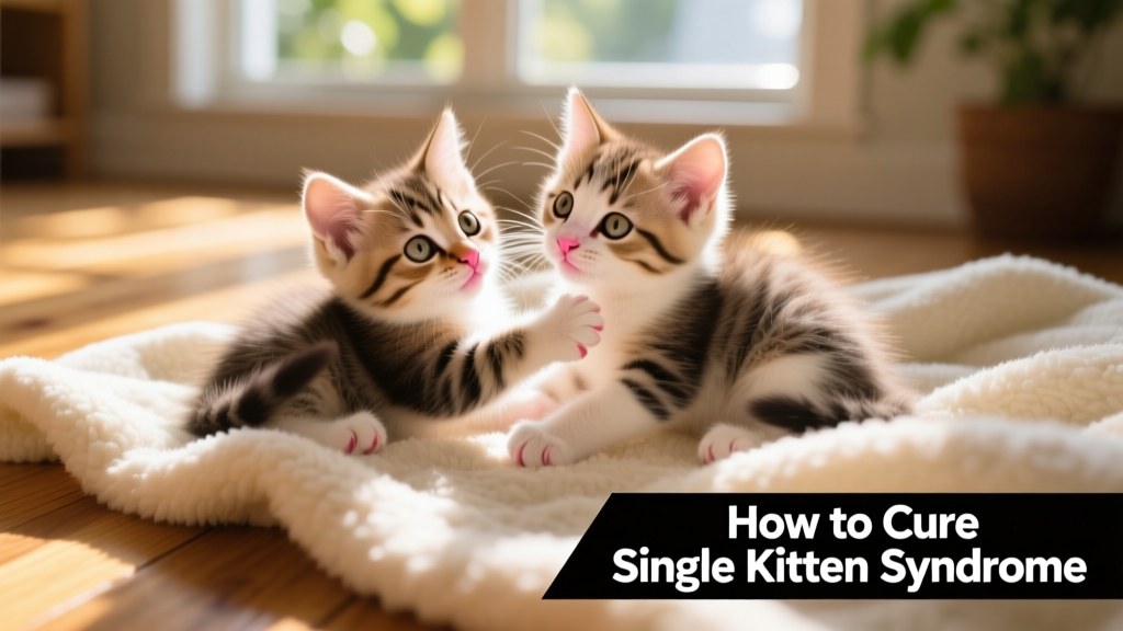 Two young kittens gently wrestling and playing together on a soft blanket