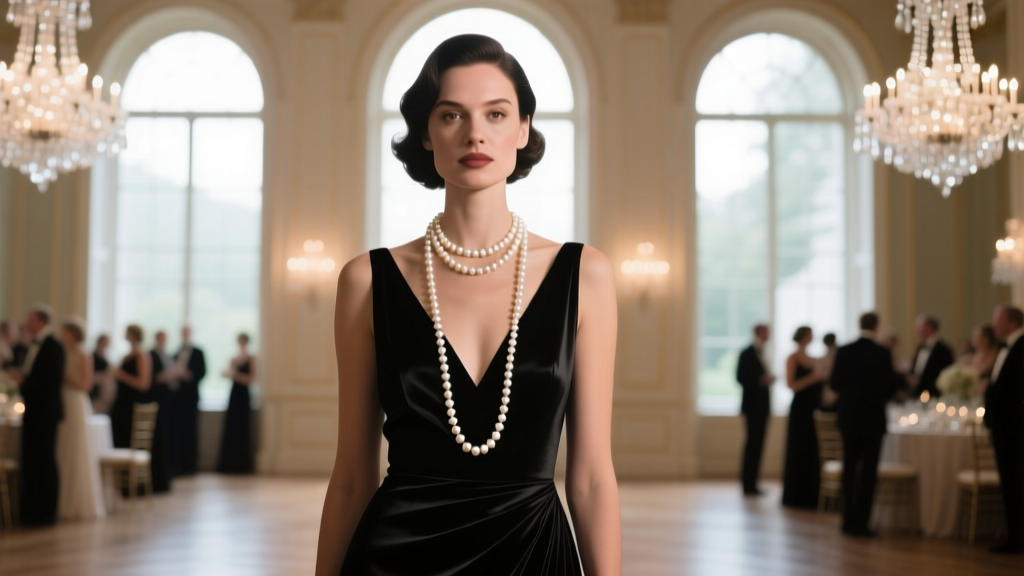 Elegant woman wearing a layered 16-inch choker and 20-inch matinee pearl necklace over a black V-neck evening gown at a gala