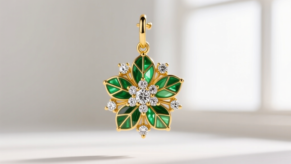 Macro shot of 14k yellow gold floral dangle earring with pave diamond centers and translucent green guilloche enamel leaves