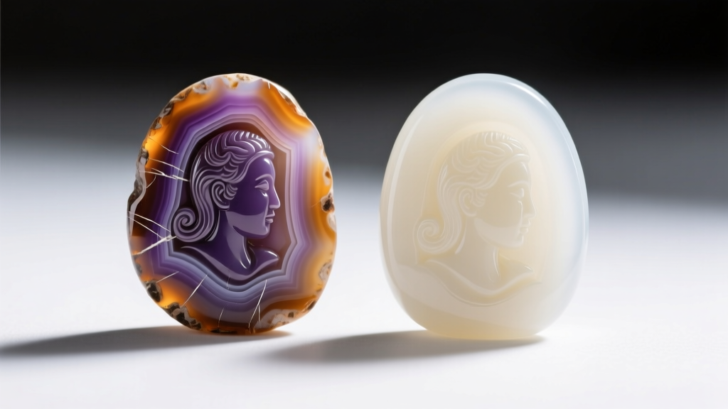 Macro photo comparing a hand-carved agate cameo with visible tool marks beside a smooth, mass-produced molded resin cameo copy.