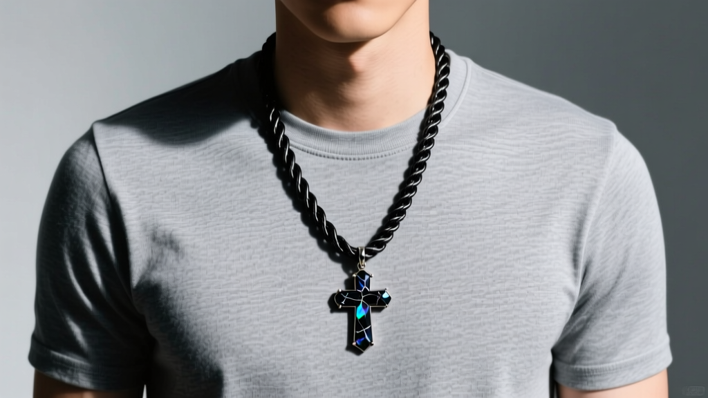Man wearing a 22-inch blackened stainless steel rope chain with a small carbonado diamond cross pendant against a grey t-shirt