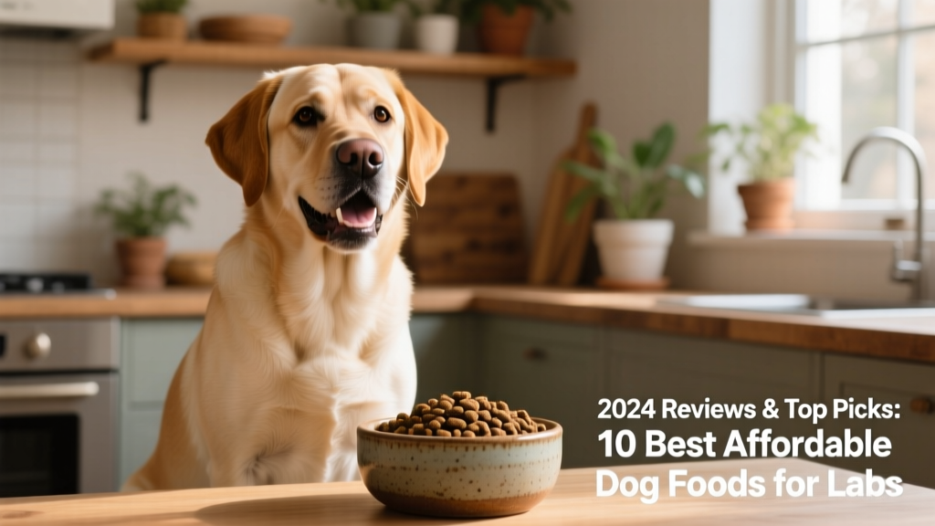 A happy, healthy Labrador Retriever sitting beside a bowl of kibble, with natural light highlighting their glossy coat