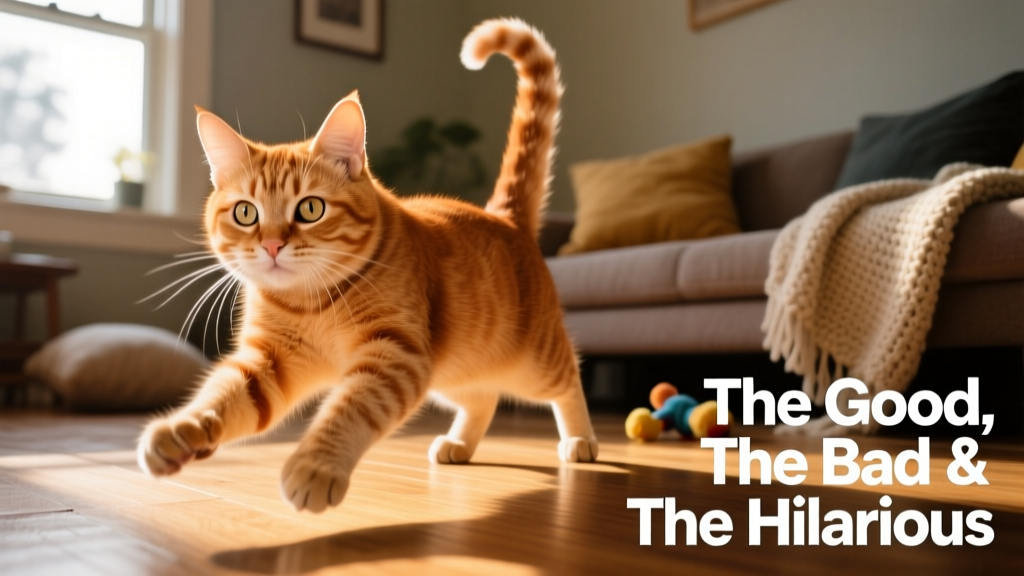 A cat mid-pounce, frozen in playful motion with ears forward and tail high