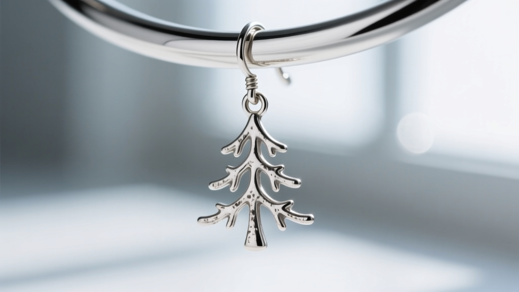 Macro shot of a silver-plated Christmas tree drop earring showing slight tarnish, against a bright Argentium hoop.