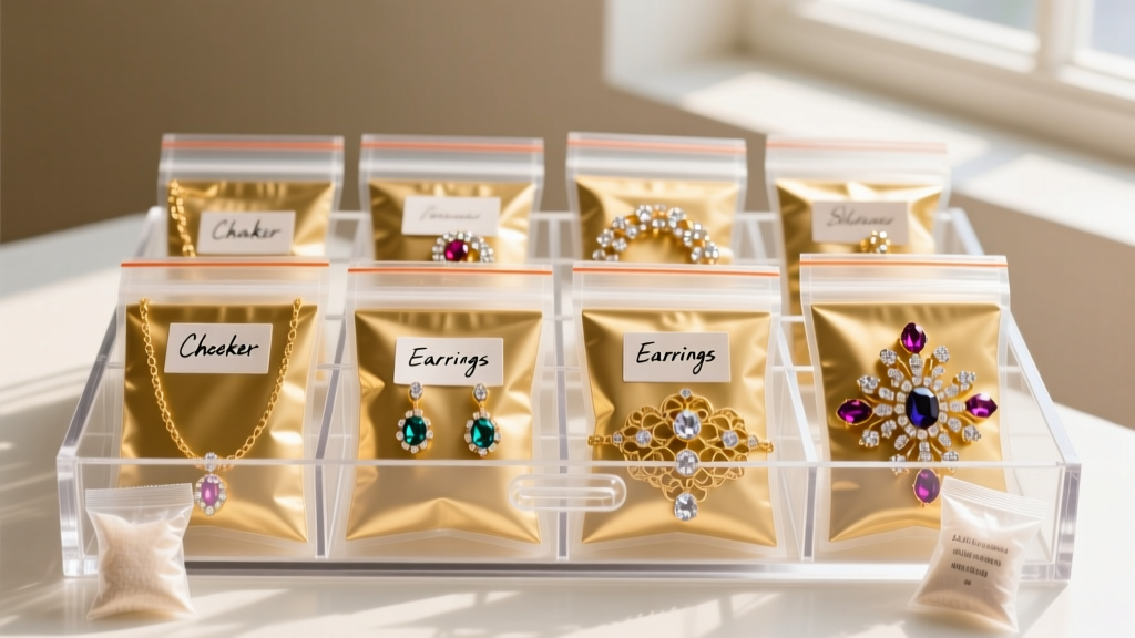 Gold vermeil and costume jewelry stored neatly inside individual anti-tarnish ziplock bags with silica gel packets in a drawer