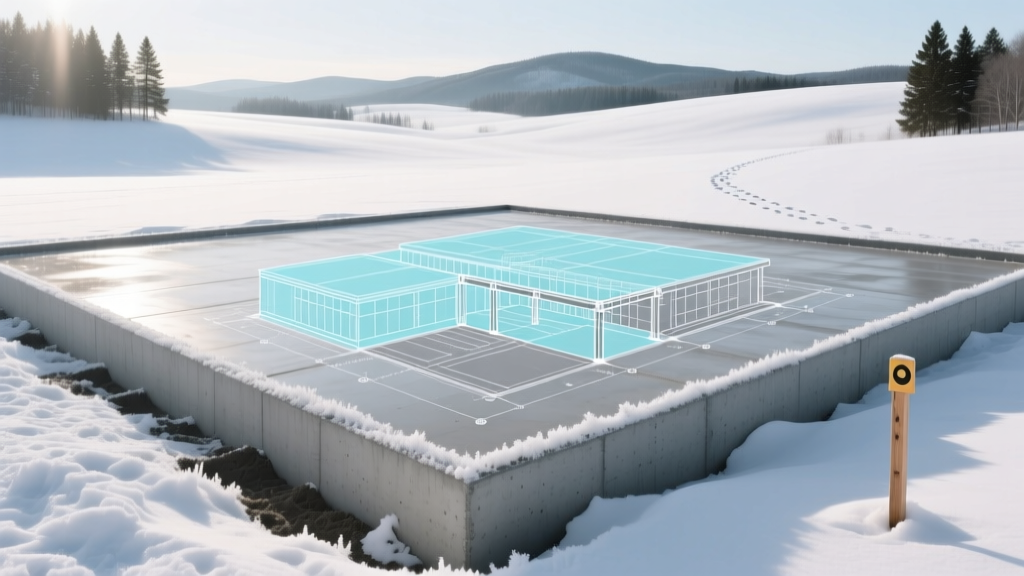 Architectural blueprint overlay on a poured concrete slab foundation for a modern community center building in a snowy regional landscape