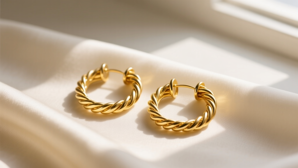 Elegant flatlay of vintage 18k yellow gold rope twist hoop earrings resting on raw silk, bathed in soft morning window light