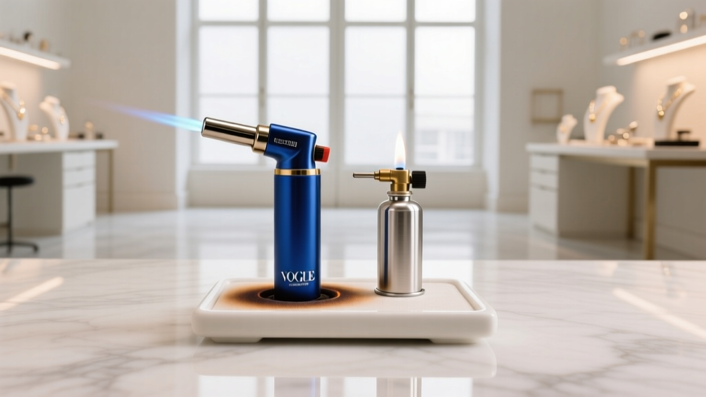 Blue butane micro-torch and propane setup on a fireproof ceramic soldering pad in a bright, clean jewelry studio environment.