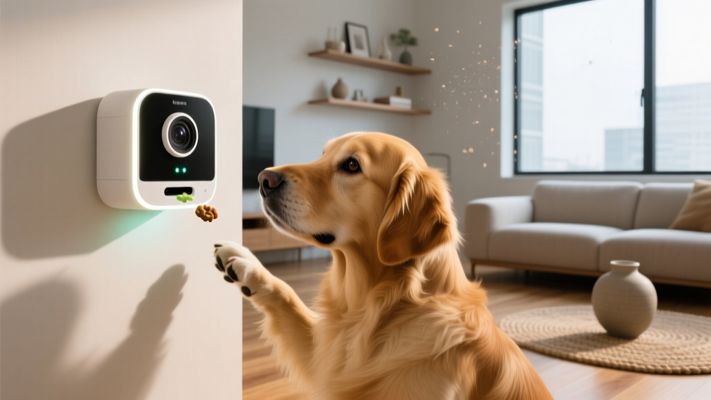 Golden retriever interacting with a smart treat-dispensing camera in a modern living room, showcasing pet motivation gadgets.