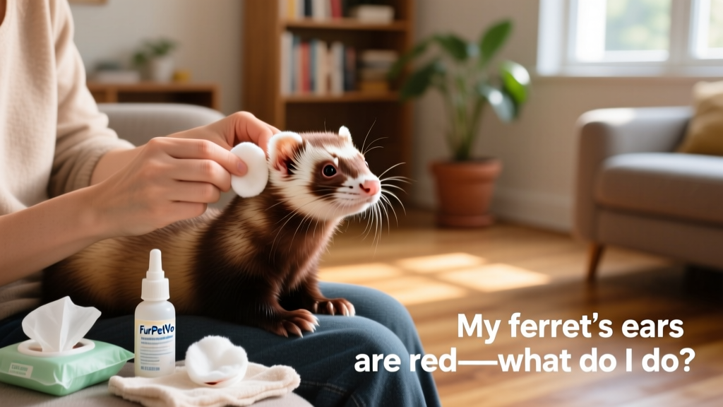 Ferret owner gently cleaning their ferret's ear using a cotton round and FurPetVo ear cleaner, with supplies laid out nearby