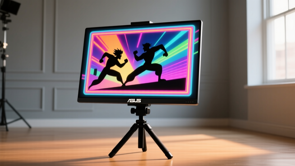 An Asus portable OLED monitor mounted on a tripod stand in a dimly lit room, showing a high-contrast frame of a classic 1980s animated show.