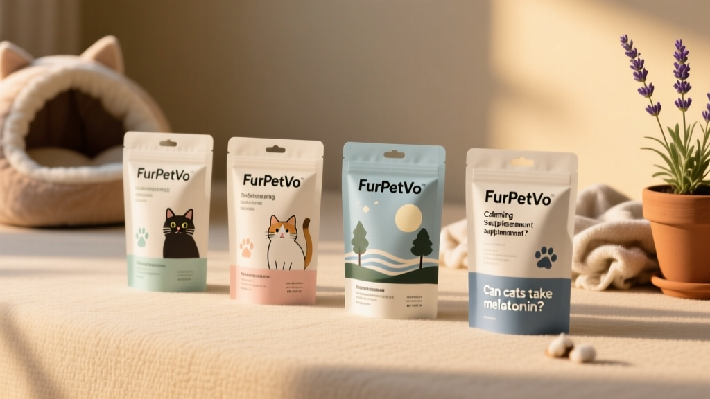 Four different FurPetVo calming supplement packages arranged neatly on a clean surface