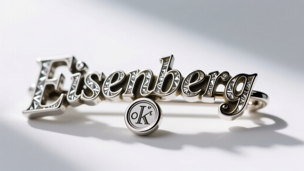 Macro photography of an Eisenberg Ice hallmark stamp on a rhodium-plated brooch clasp, showing crisp font and slight patina wear.