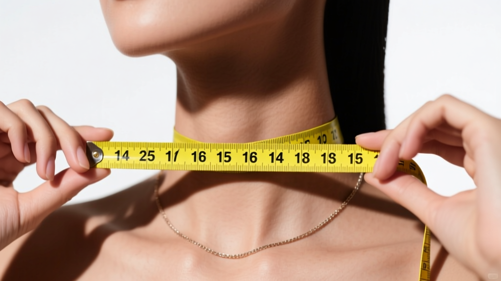 Hands holding a yellow measuring tape around the base of the neck to find the exact fit for a 16-inch or 18-inch necklace chain