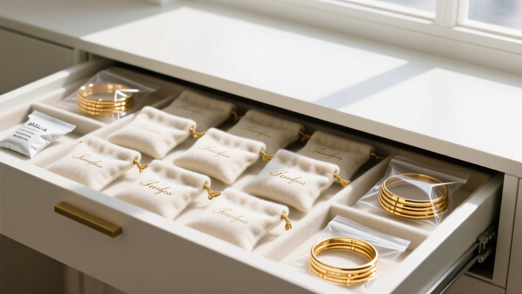 Organized jewelry drawer featuring anti-tarnish flannel pouches, silica gel packets, and sealed bags holding gold-plated bangles