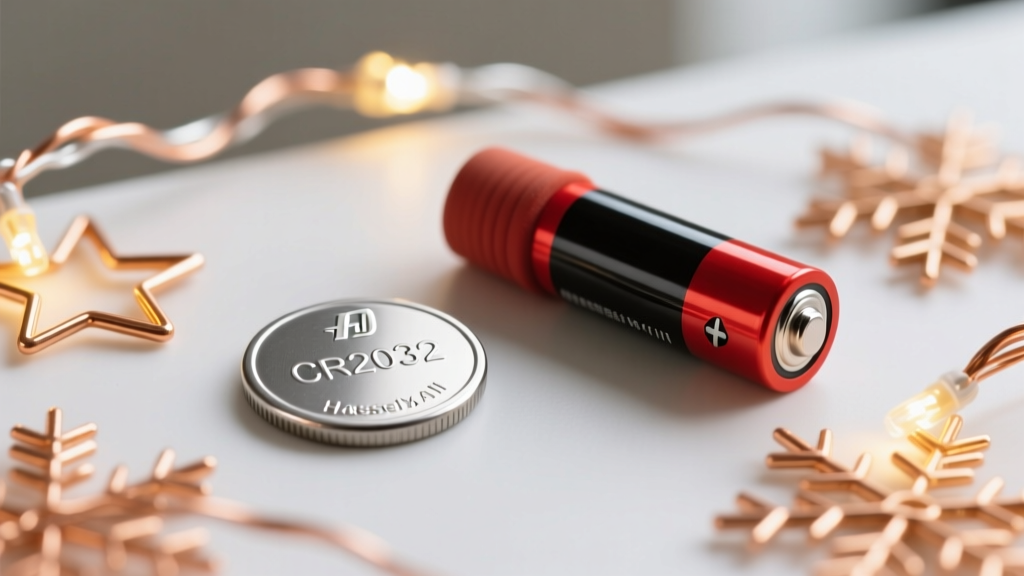 Macro shot of a CR2032 coin cell battery pack next to a AAA battery pack used for DIY illuminated copper wire holiday jewelry.